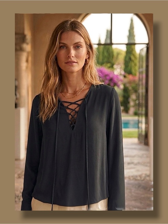 Halogen Tops - Halogen Women's Black Faux Wrap V-neck Pleated Long Sleeve Blouse Top Siez L